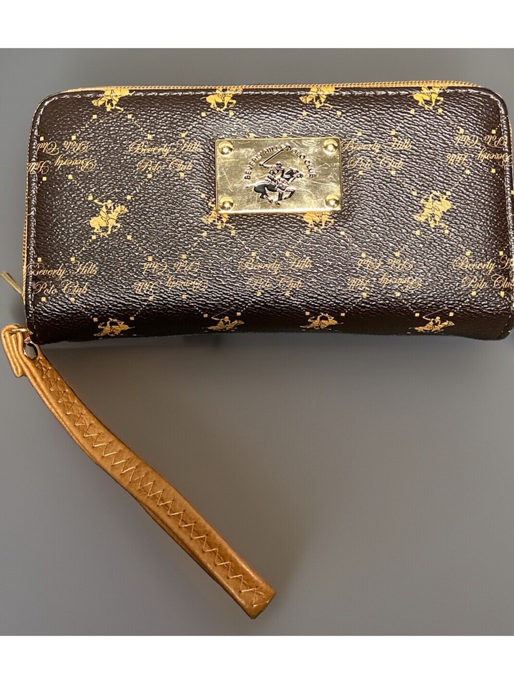 Beverly Hills Polo Club Double Zip Wallet Wristlet Brown Monogram Cell Phone